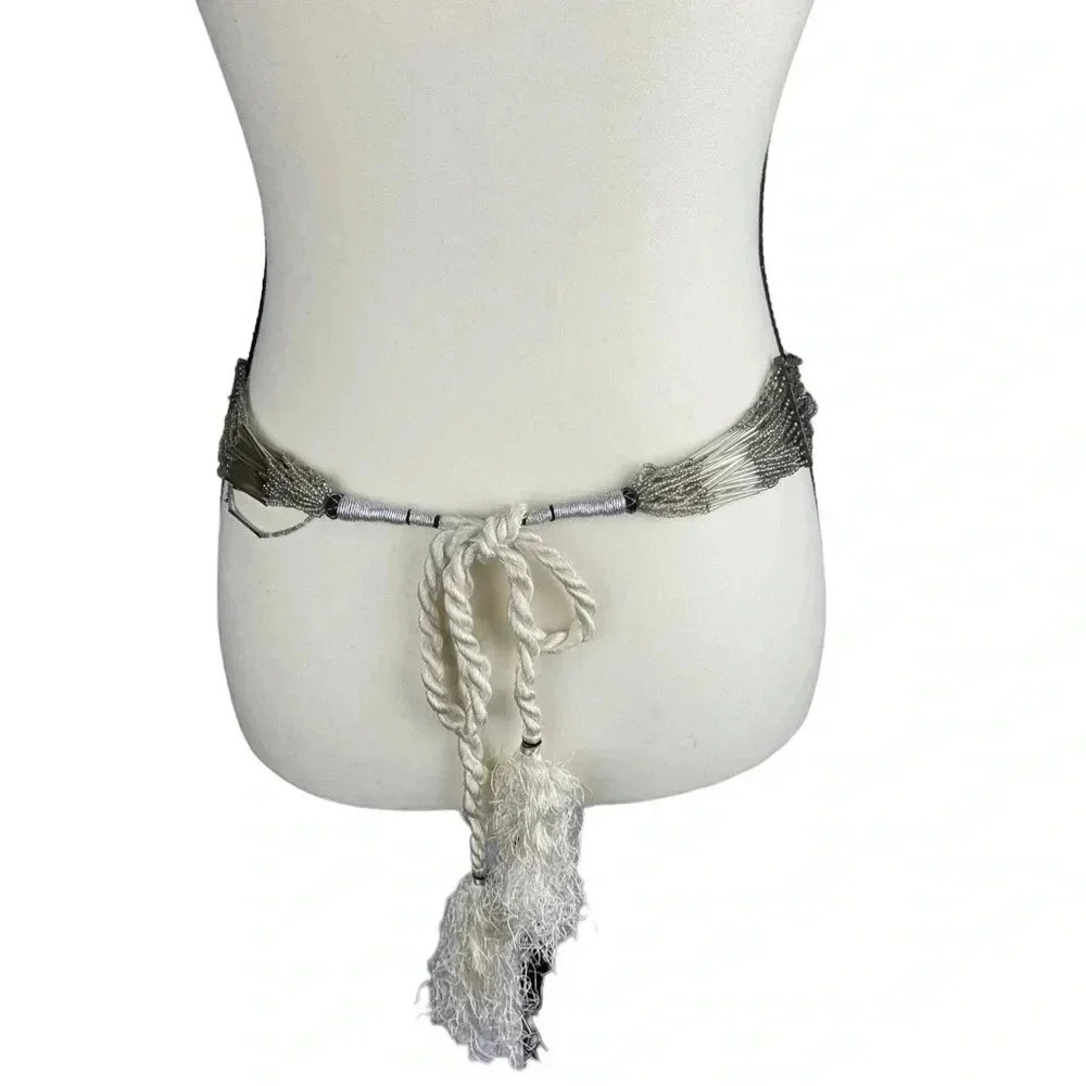 Beaded boho grey thick belt ties at back - Picture 4 of 6